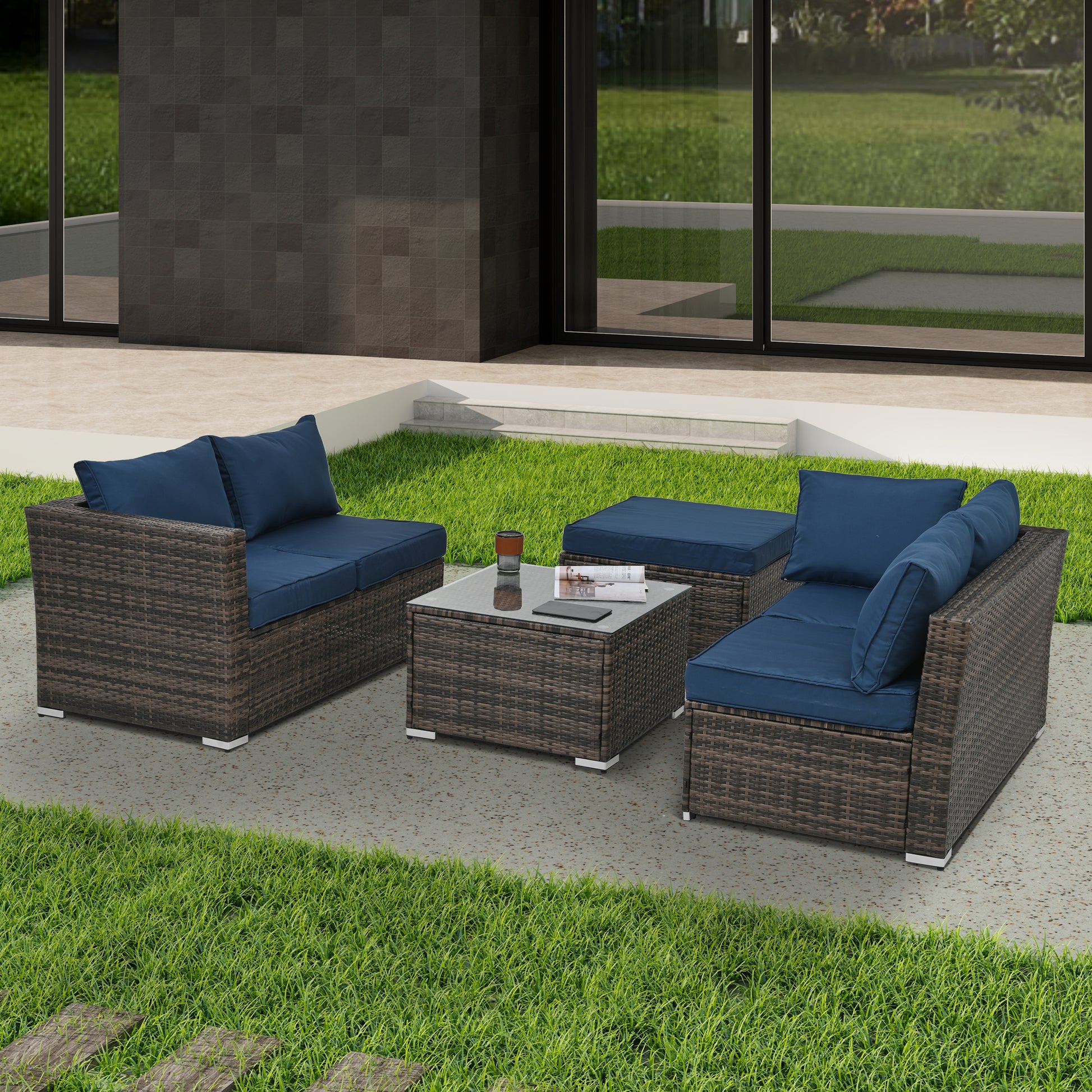 Patio Furniture, Outdoor Furniture, Seasonal Pe Wicker Furniture, 4 Set Wicker Furniture With Tempered Glass Coffee Table Brown Pe Rattan Iron Waterproof Fabric