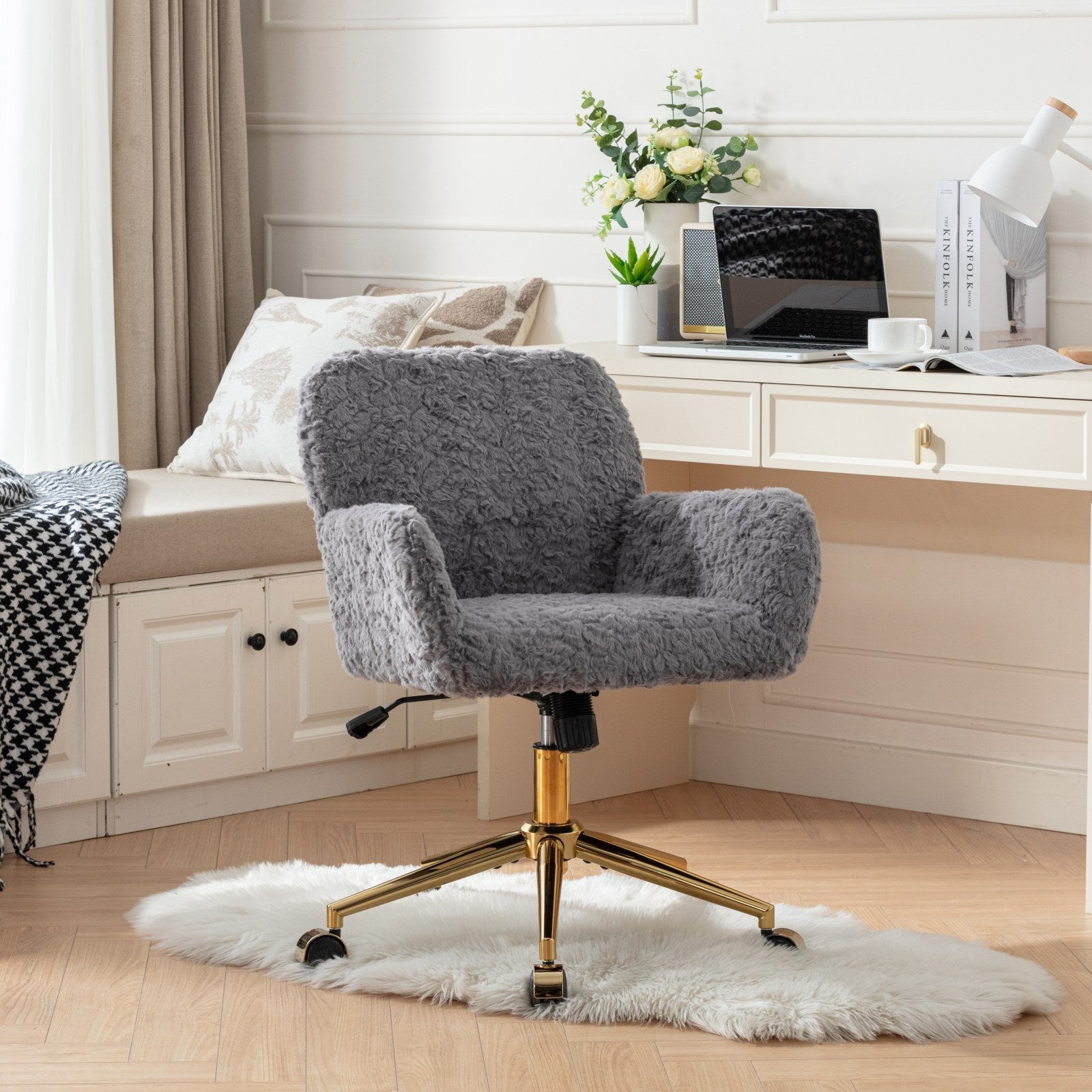 Office Chair,Artificial Rabbit Hair Home Office Chair With Golden Metal Base,Adjustable Desk Chair Swivel Office Chair,Vanity Chair Gray Gray Bedroom Foam Upholstered