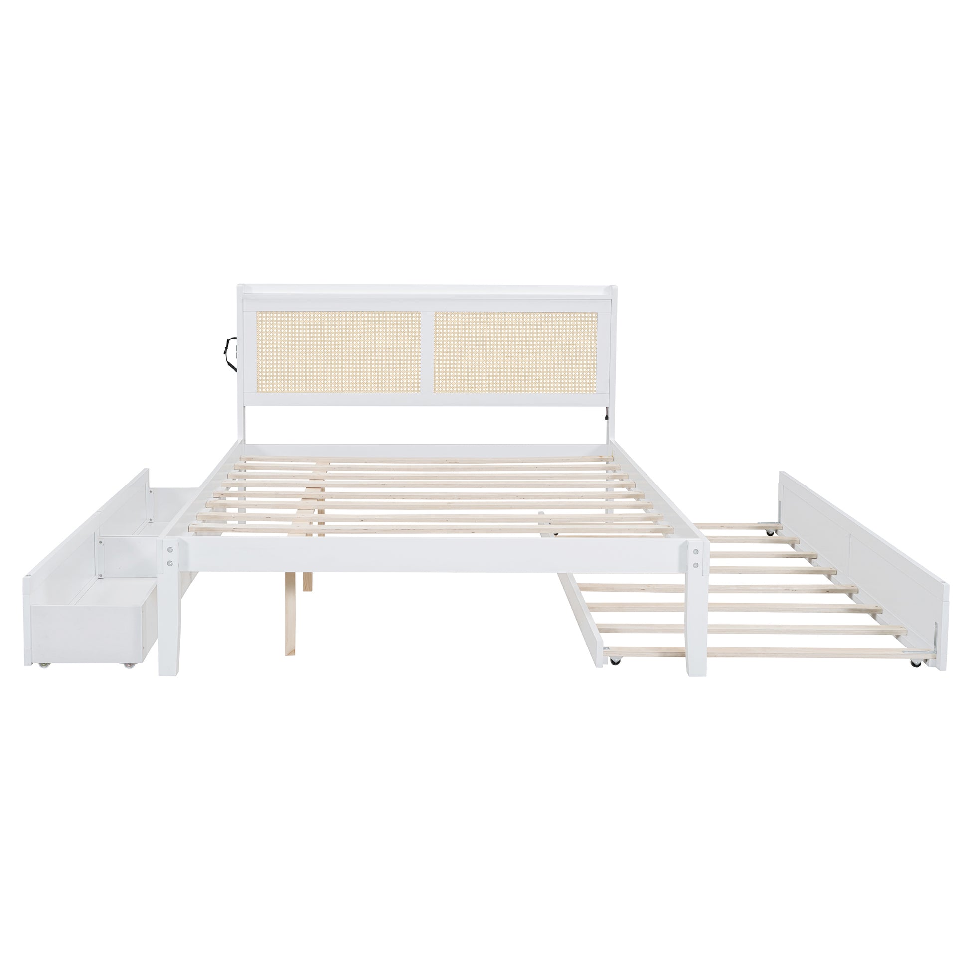Queen Size Elegant Bed Frame With Rattan Headboard And Sockets ,White White Rattan