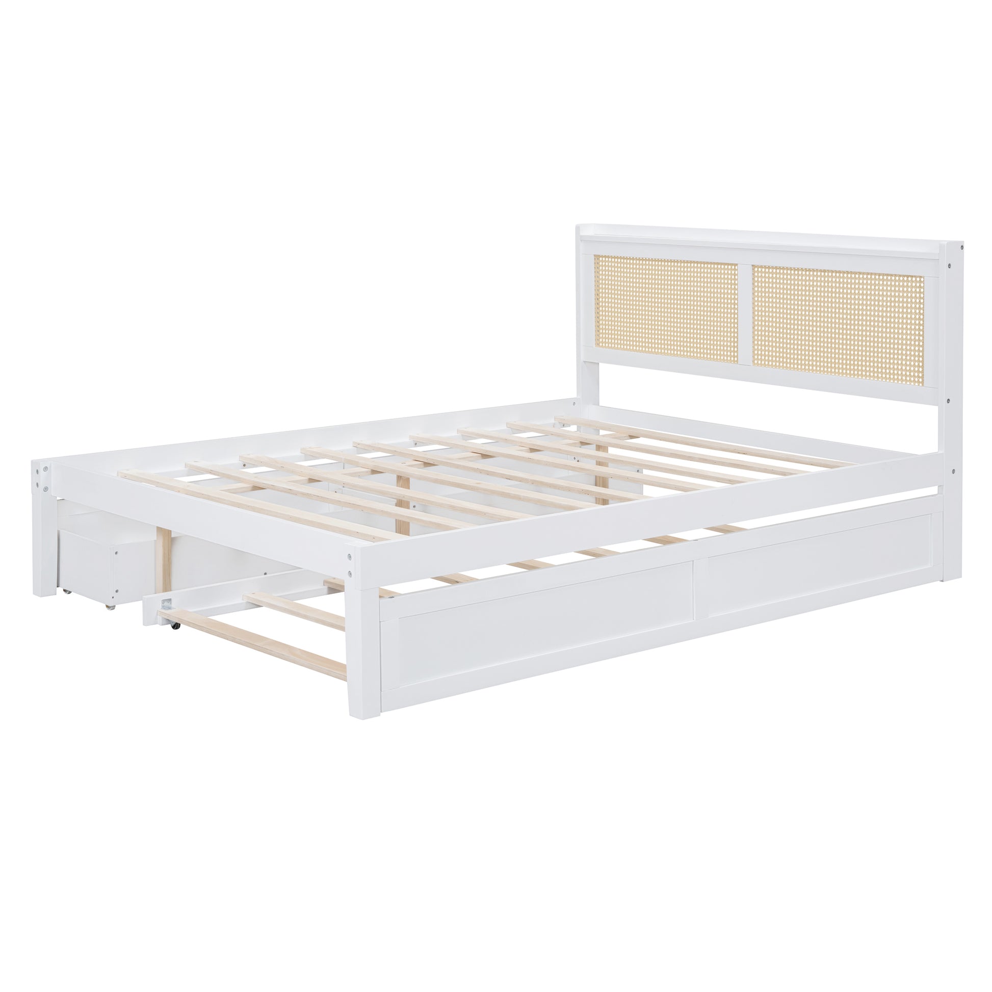 Queen Size Elegant Bed Frame With Rattan Headboard And Sockets ,White White Rattan