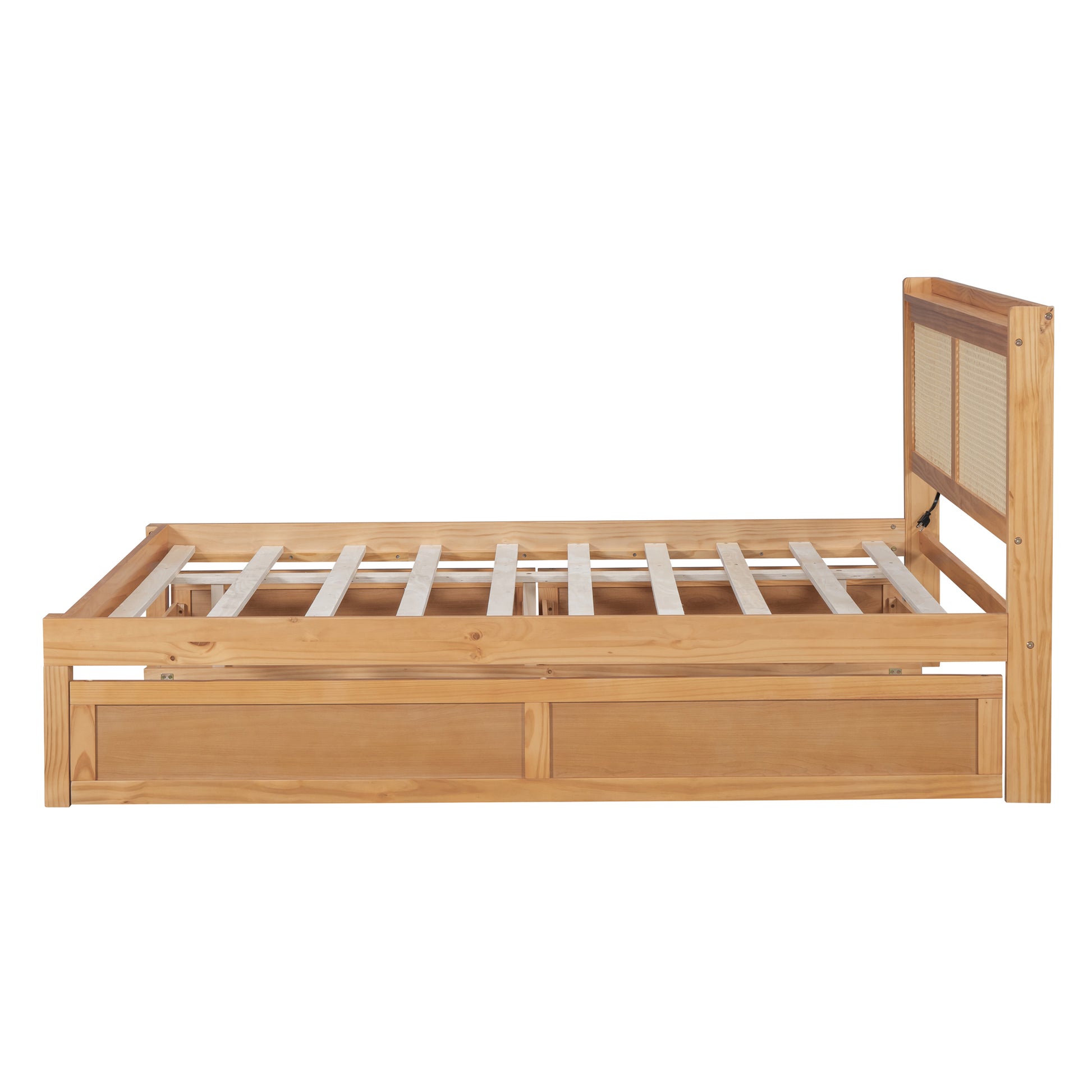 Full Size Elegant Bed Frame With Rattan Headboard And Sockets ,Natural Full Natural Rattan