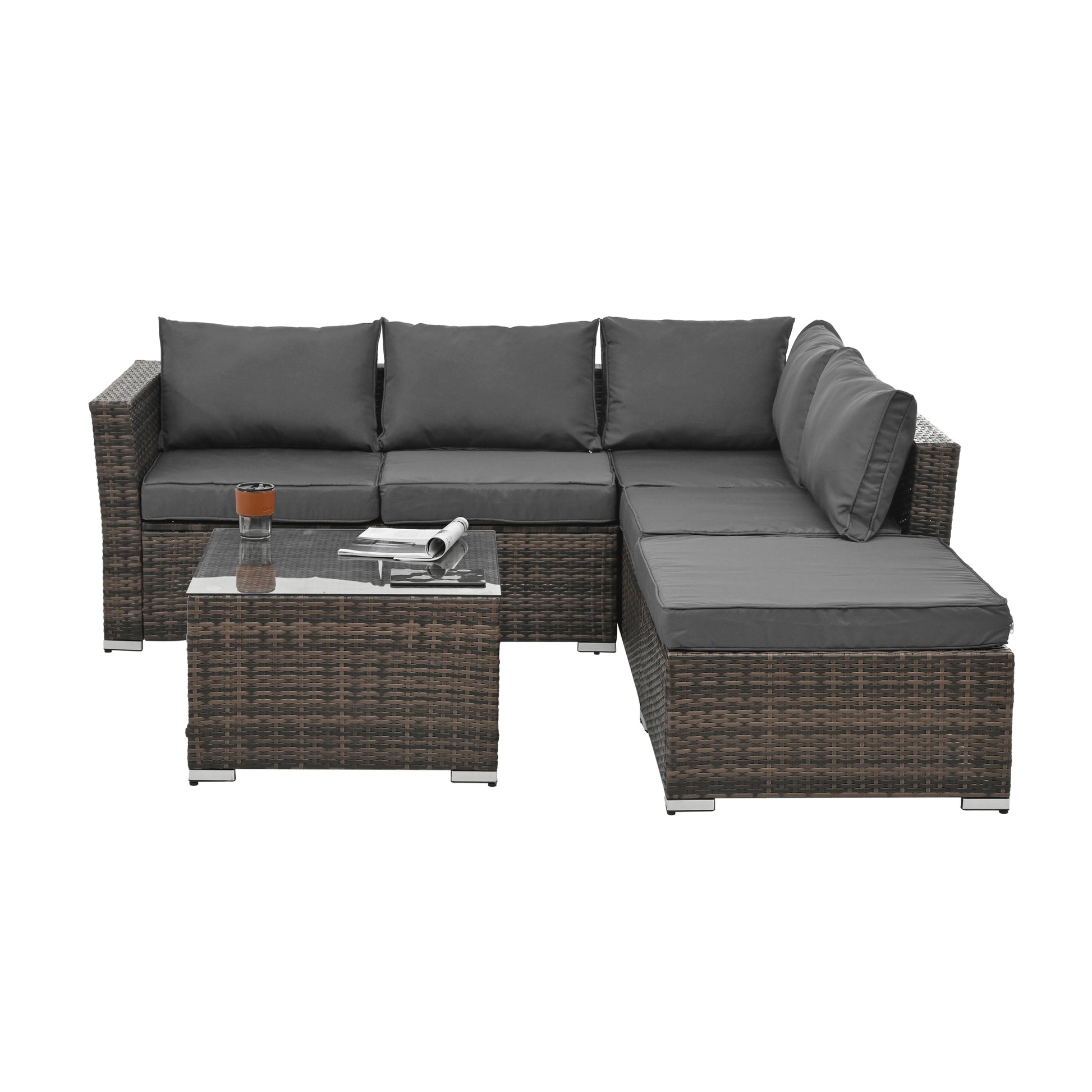 Patio Furniture, Outdoor Furniture, Seasonal Pe Wicker Furniture, 4 Set Wicker Furniture With Tempered Glass Coffee Table Brown Pe Rattan Iron Waterproof Fabric