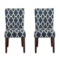 Wooden Parson Dining Chairs With Quatrefoil Patterned Fabric Upholstery, Blue And White, Set Of Two White Blue Wood Fabric