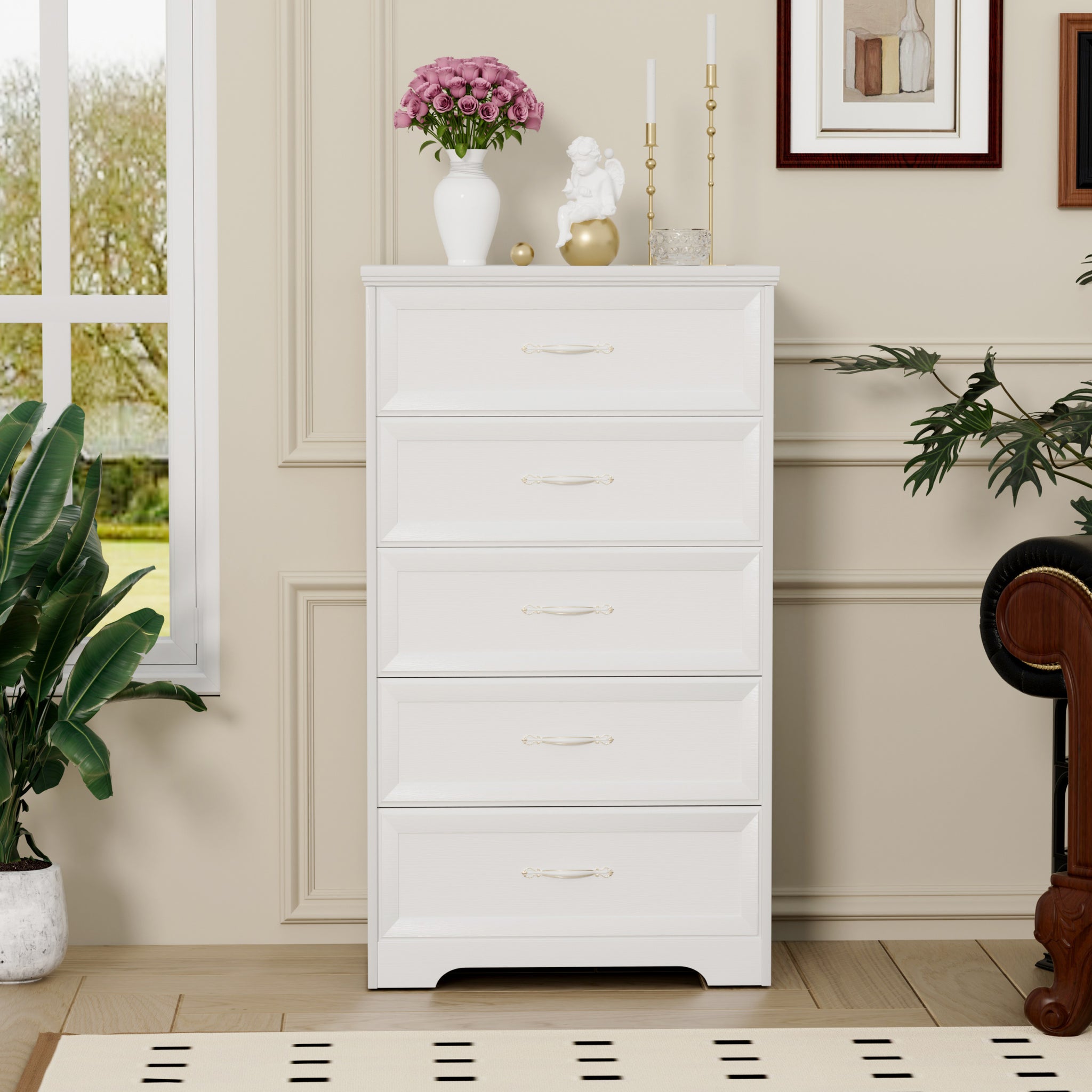 Modern 5 Tier Bedroom Chest Of Drawers, Dresser With Drawers, Clothes Organizer Metal Pulls For Living Room, Bedroom, Hallway, White, 25.2 L X 15.8 W X 43.5 H White Particle Board