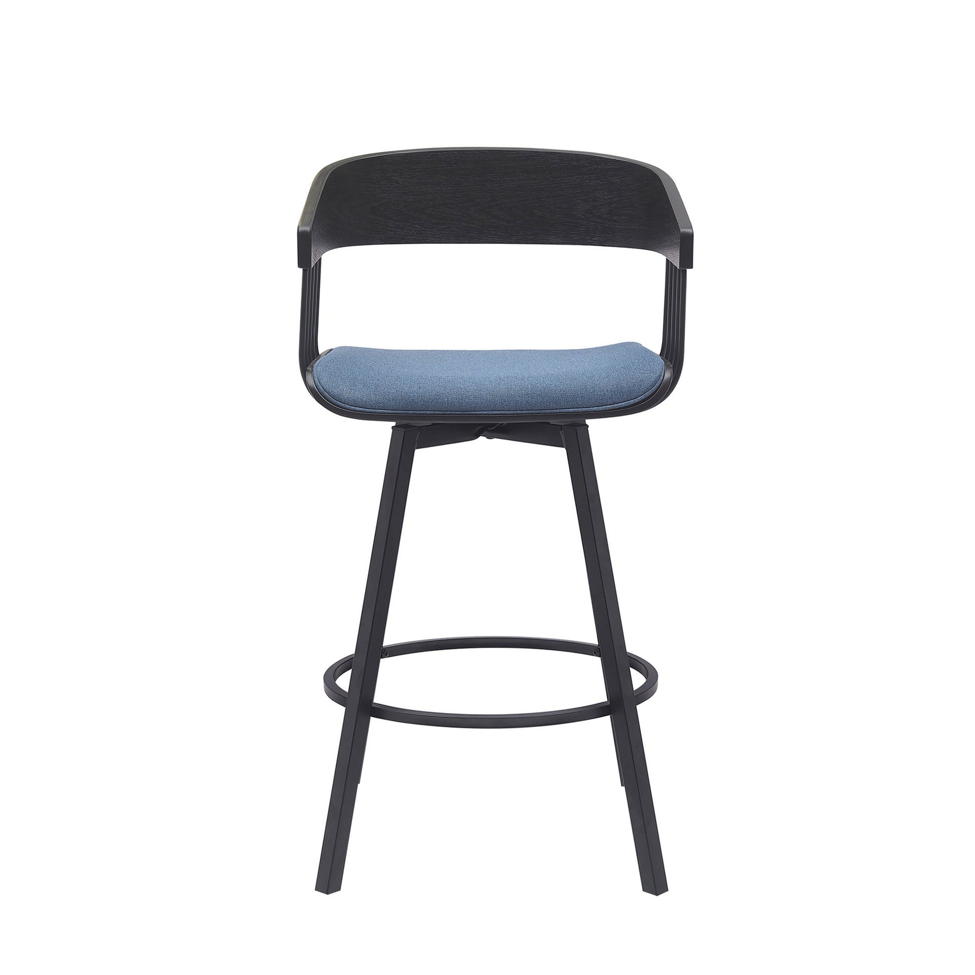 Vera 27 Inch Swivel Counter Stool Chair, Black Open Back, Soft Blue Fabric Black Blue Wood Metal