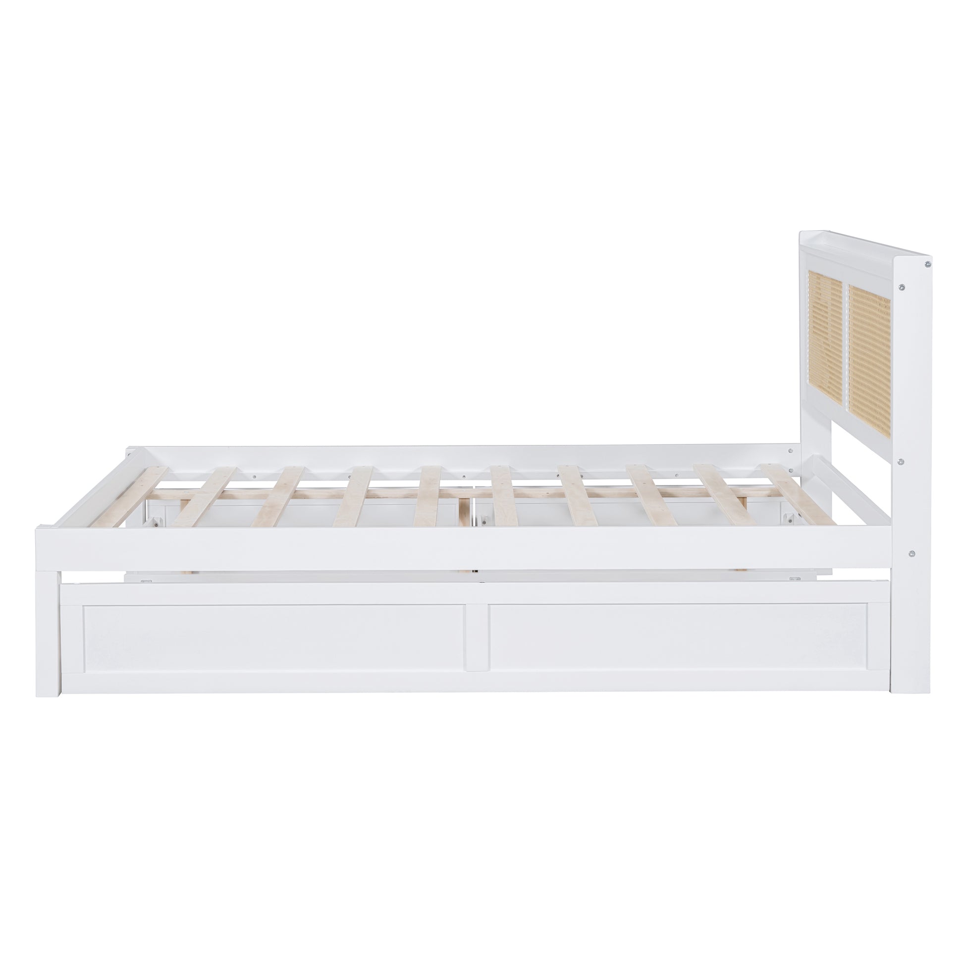 Full Size Elegant Bed Frame With Rattan Headboard And Sockets ,White Full White Rattan