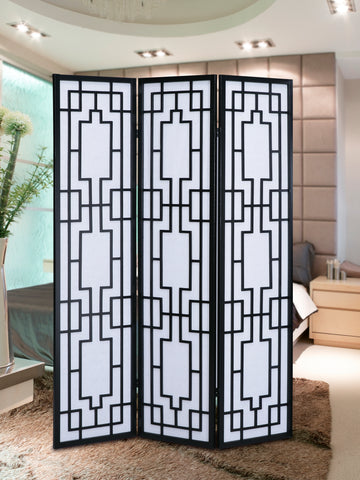 Sudoku 3 Panel Room Divider Screen, Black Black Wood Paper