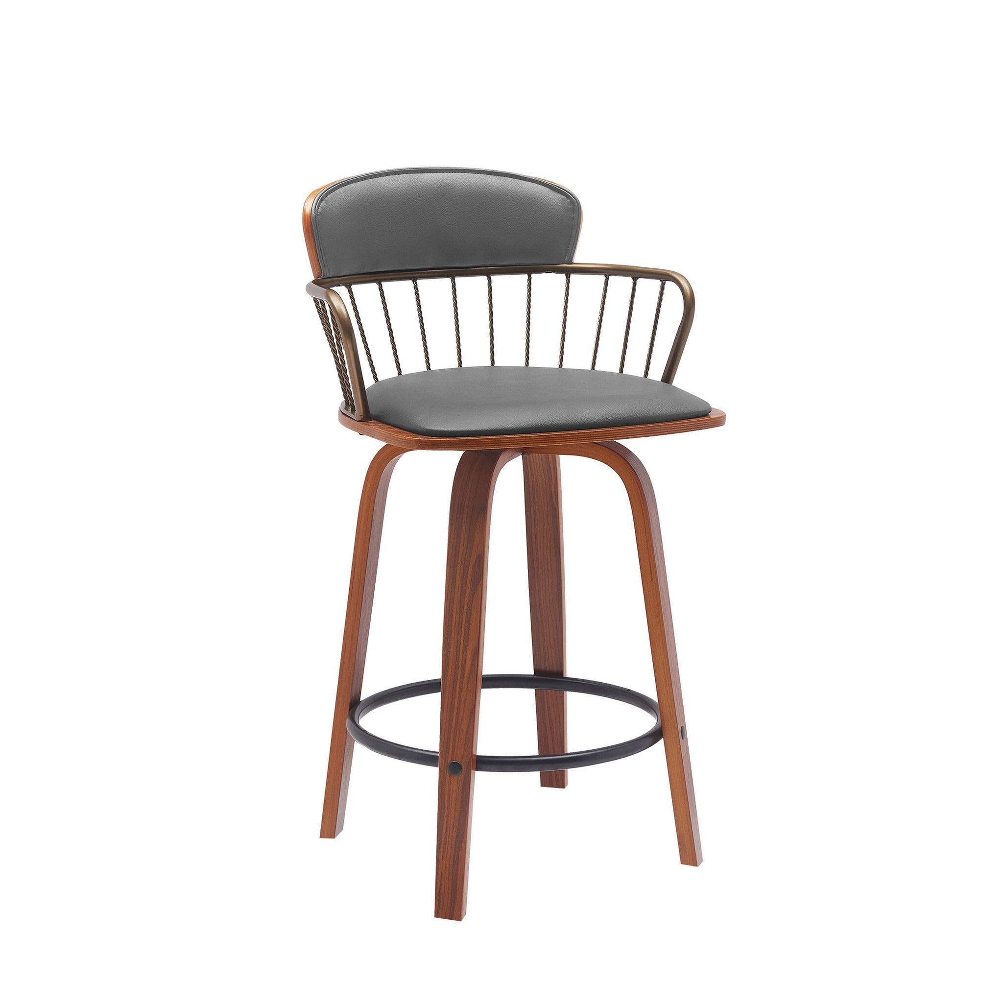 Wiz 26 Inch Counter Stool Chair, Slatted, Gray Faux Leather, Walnut Brown Brown Gray Wood Metal