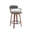 Wiz 26 Inch Counter Stool Chair, Slatted, Gray Faux Leather, Walnut Brown Brown Gray Wood Metal