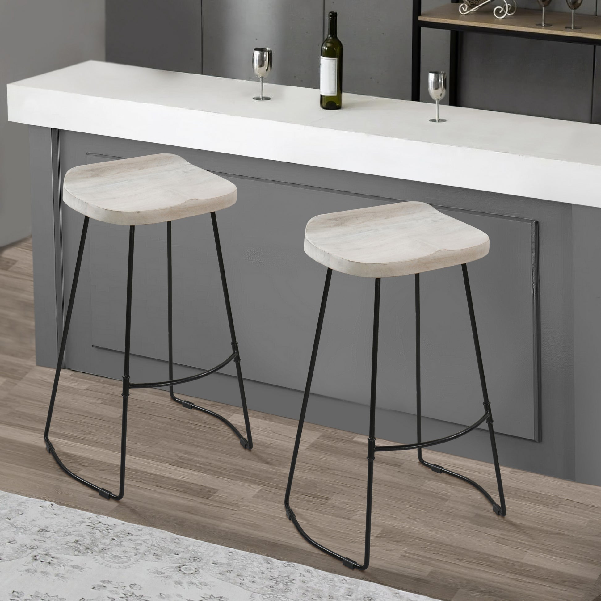 Tiva 30 Inch Handcrafted Backless Barstool, Whitewashed Mango Wood Saddle Seat, Black Metal Base Black White Metal & Wood