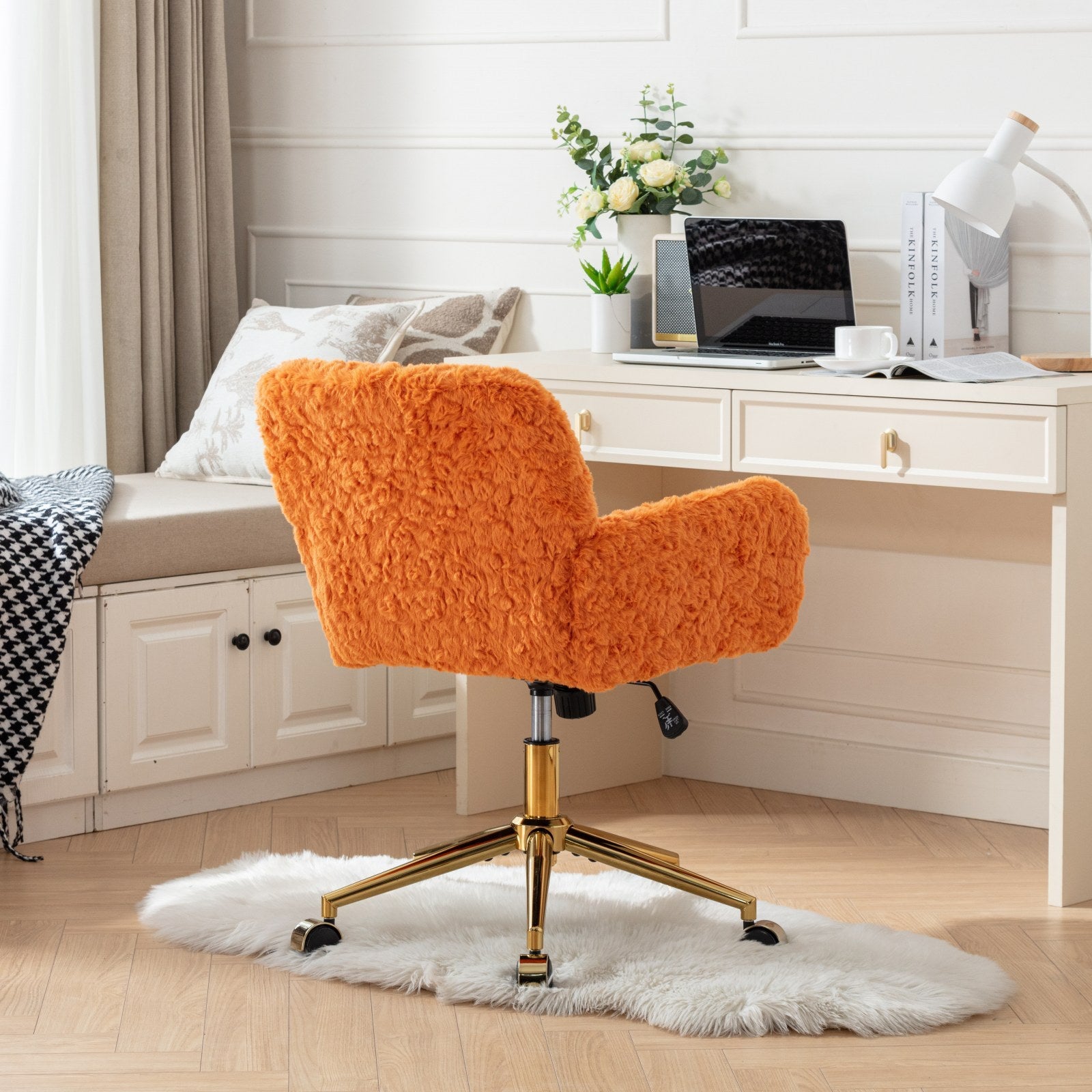 Office Chair,Artificial Rabbit Hair Home Office Chair With Golden Metal Base,Adjustable Desk Chair Swivel Office Chair,Vanity Chair Orange Orange Bedroom Foam Upholstered