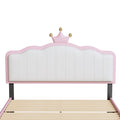 Full Size Upholstered Princess Bed With Crown Headboard,Full Size Platform Bed With Headboard And Footboard With Light Strips,Golden Metal Legs, White Pink Pink Pu