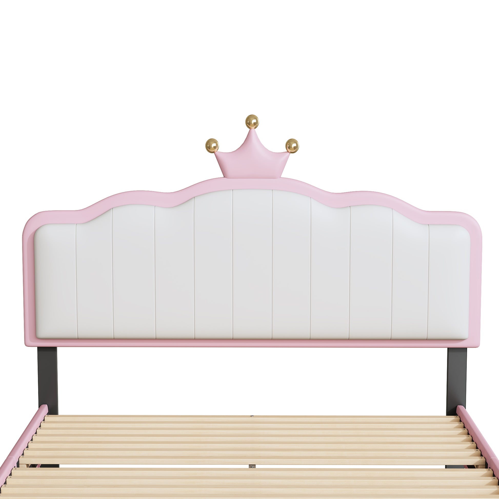 Full Size Upholstered Princess Bed With Crown Headboard,Full Size Platform Bed With Headboard And Footboard With Light Strips,Golden Metal Legs, White Pink Pink Pu