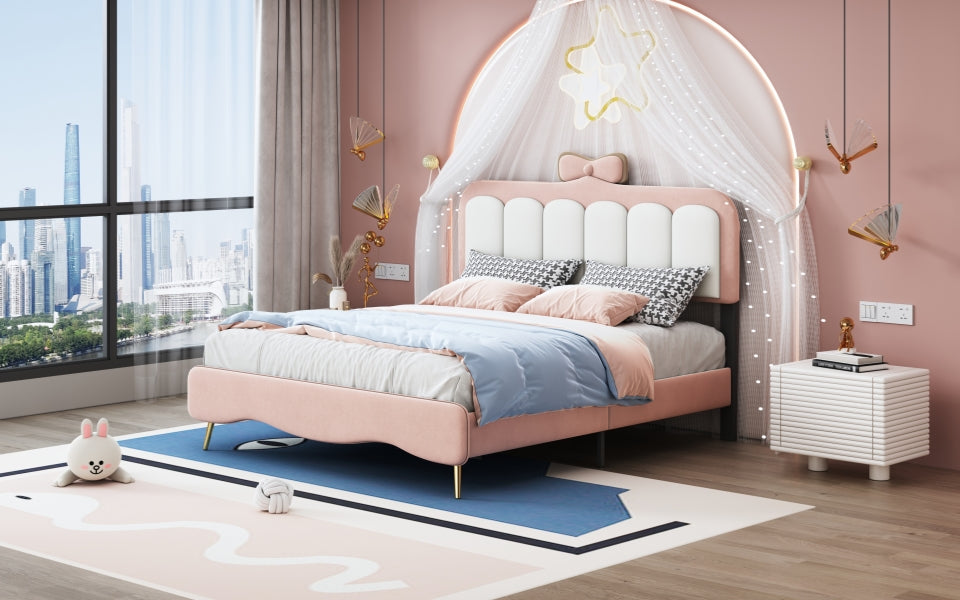 Full Size Velvet Princess Bed With Bow Knot Headboard,Full Size Platform Bed With Headboard And Footboard,White Pink Pink Velvet