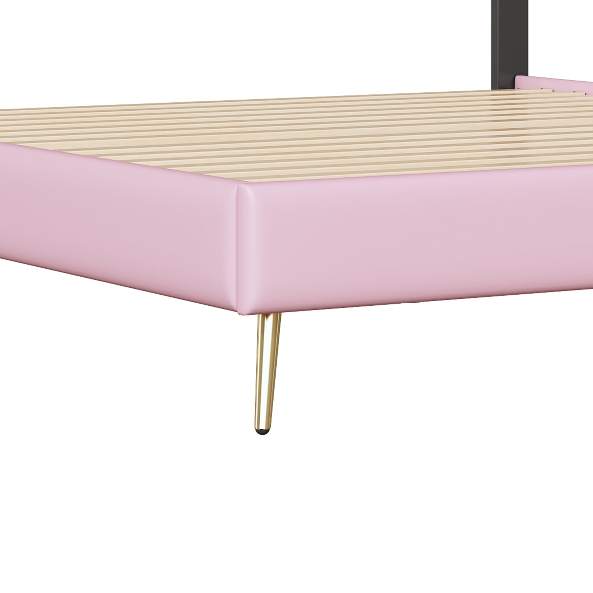 Full Size Upholstered Princess Bed With Crown Headboard,Full Size Platform Bed With Headboard And Footboard With Light Strips,Golden Metal Legs, White Pink Pink Pu