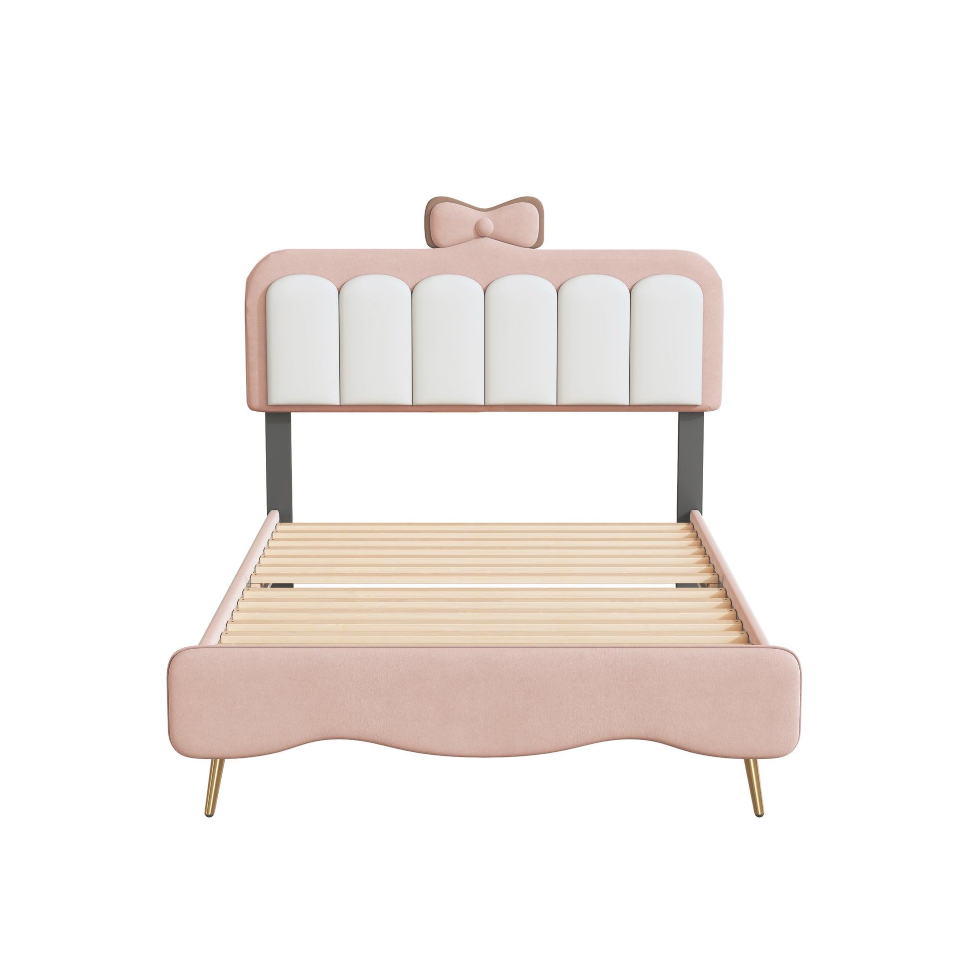 Twin Size Velvet Princess Bed With Bow Knot Headboard,Twin Size Platform Bed With Headboard And Footboard,White Pink Pink Velvet