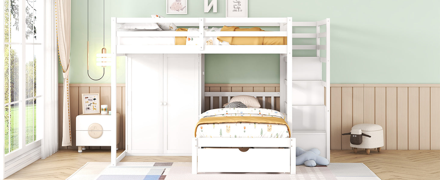 Full Over Twin Bunk Bed With Wardrobe, Drawers, White White Solid Wood