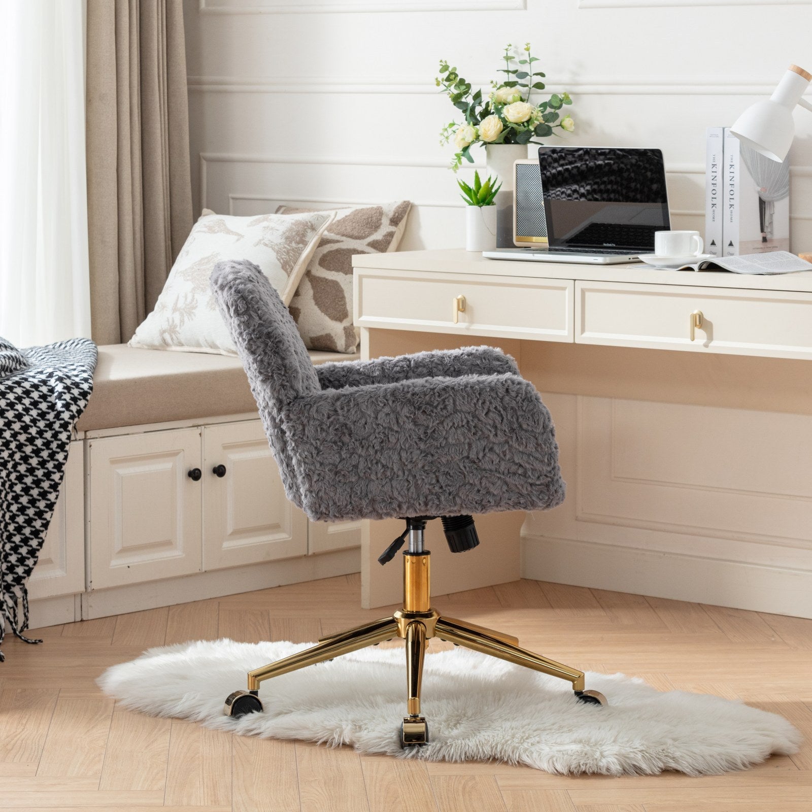 Office Chair,Artificial Rabbit Hair Home Office Chair With Golden Metal Base,Adjustable Desk Chair Swivel Office Chair,Vanity Chair Gray Gray Bedroom Foam Upholstered