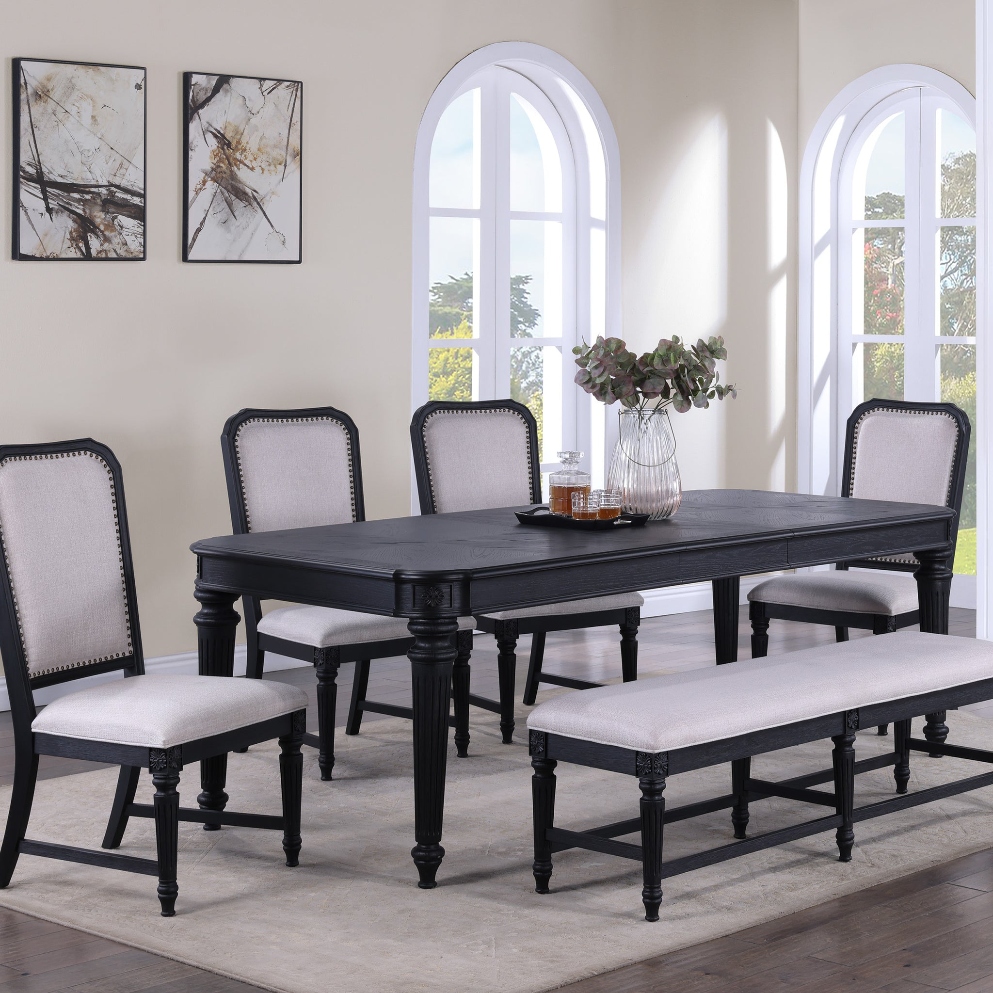 Formal Traditional 6Pc Dining Room Set Dark Brown Finish 18" Extension Leaf Table Tufted Upholstered Chairs Bench Beautiful Carved Legs Dining Room Furniture Wood Wood Dark Brown Seats 6 Wood Dining Room Extendable Modern Rectangular Dining Table With