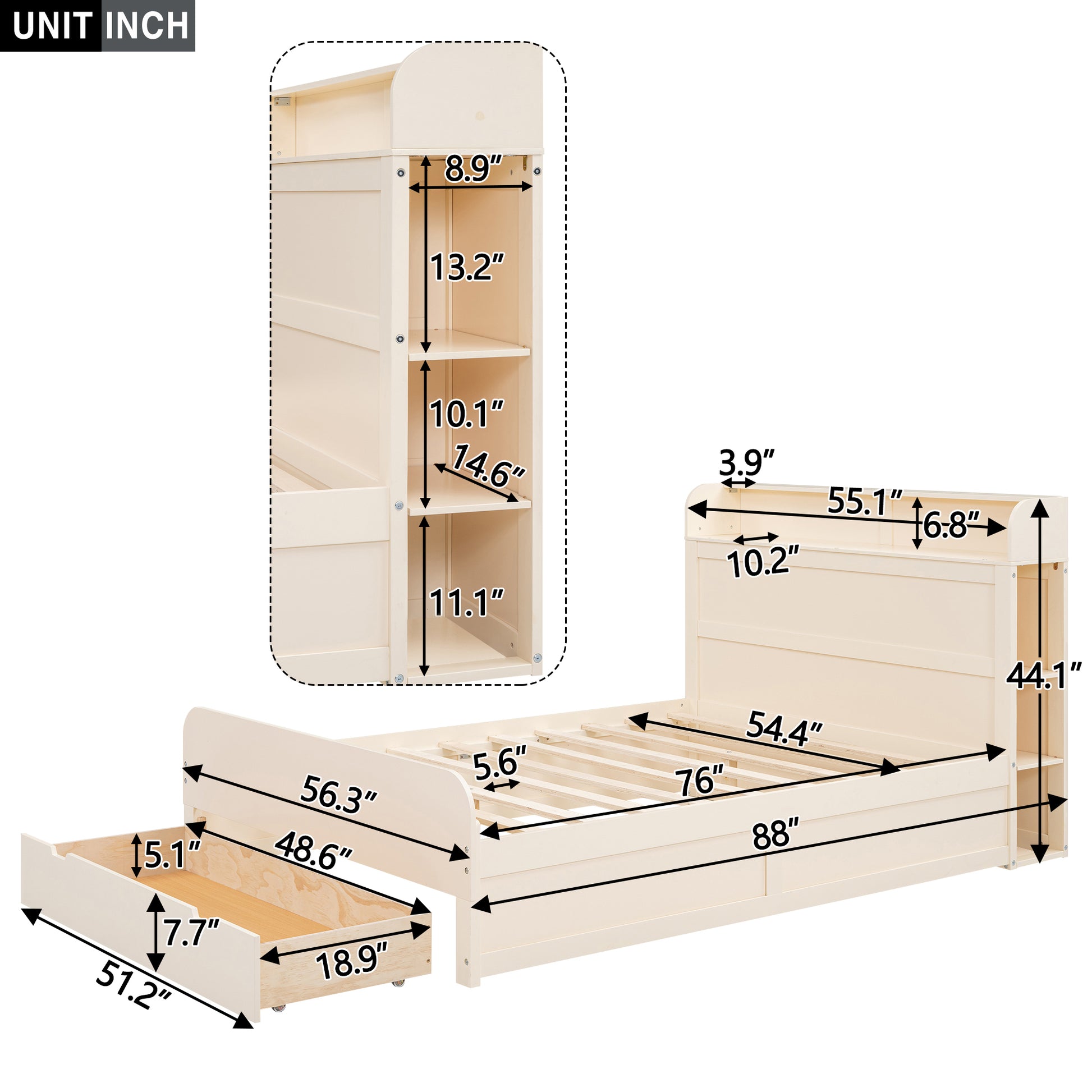 Full Size Platform Bed With Storage Headboard And A Big Drawer, Cream Box Spring Not Required Full Cream Wood Bedroom Bed Frame Solid Wood Mdf