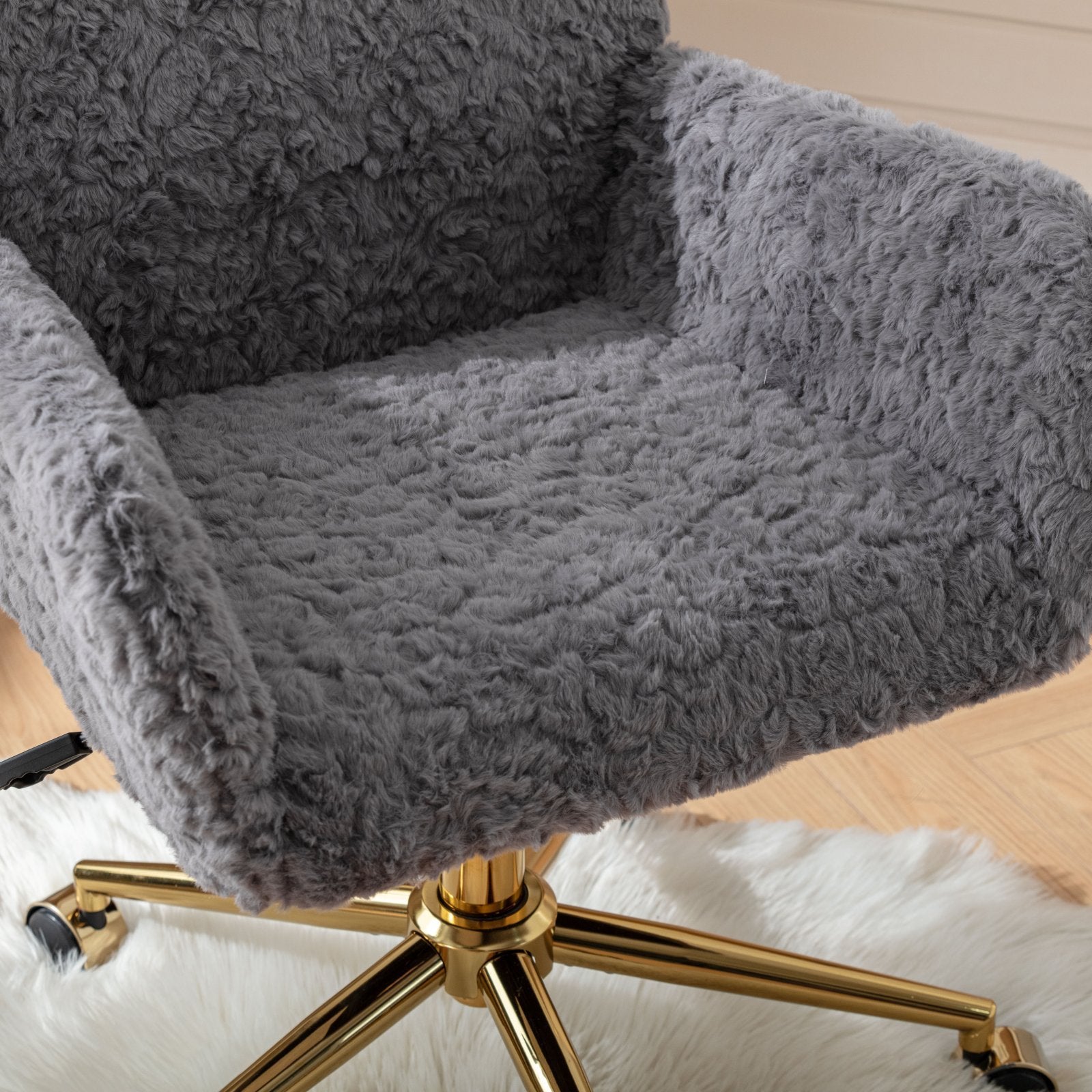 Office Chair,Artificial Rabbit Hair Home Office Chair With Golden Metal Base,Adjustable Desk Chair Swivel Office Chair,Vanity Chair Gray Gray Bedroom Foam Upholstered