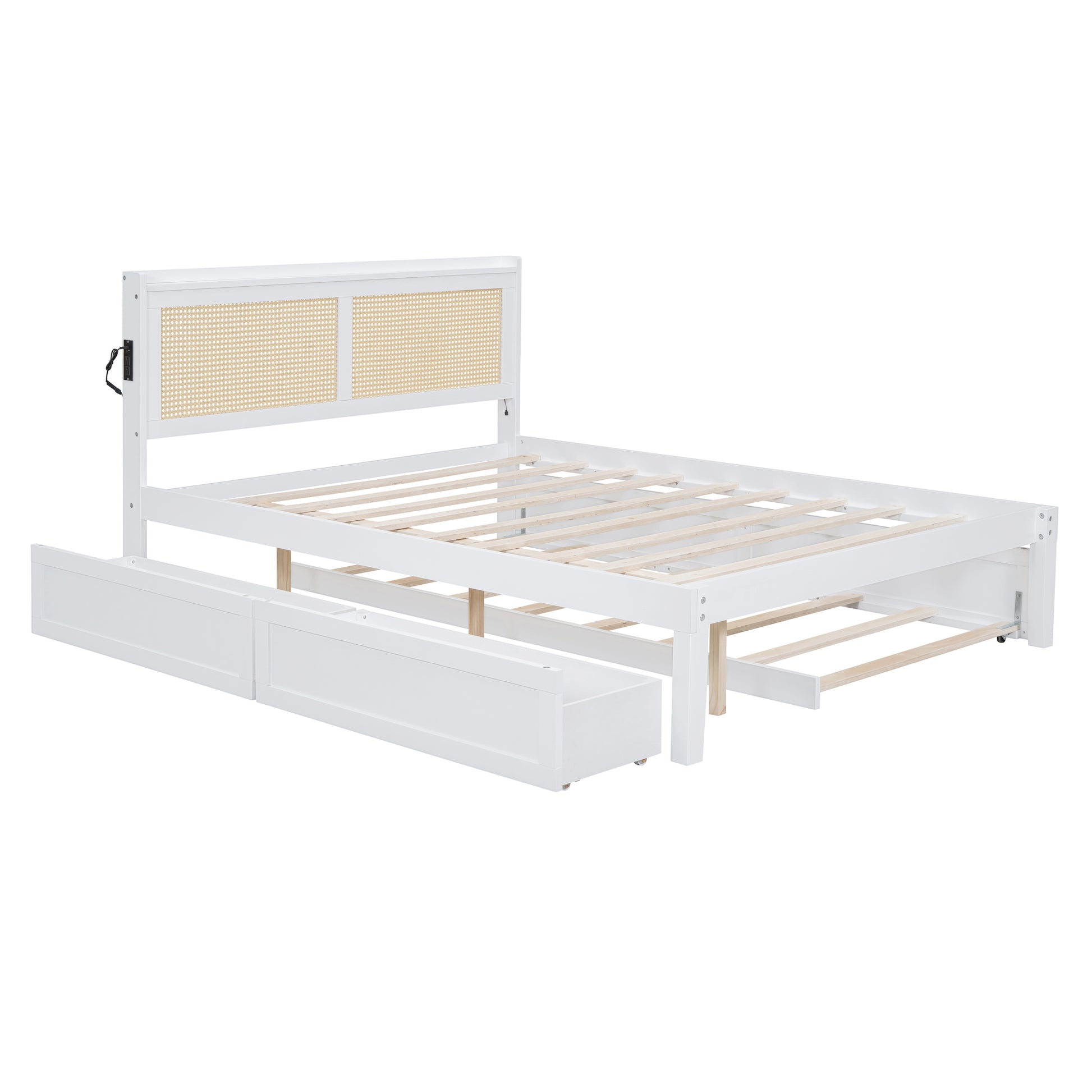 Queen Size Elegant Bed Frame With Rattan Headboard And Sockets ,White White Rattan
