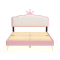 Full Size Upholstered Princess Bed With Crown Headboard,Full Size Platform Bed With Headboard And Footboard With Light Strips,Golden Metal Legs, White Pink Pink Pu