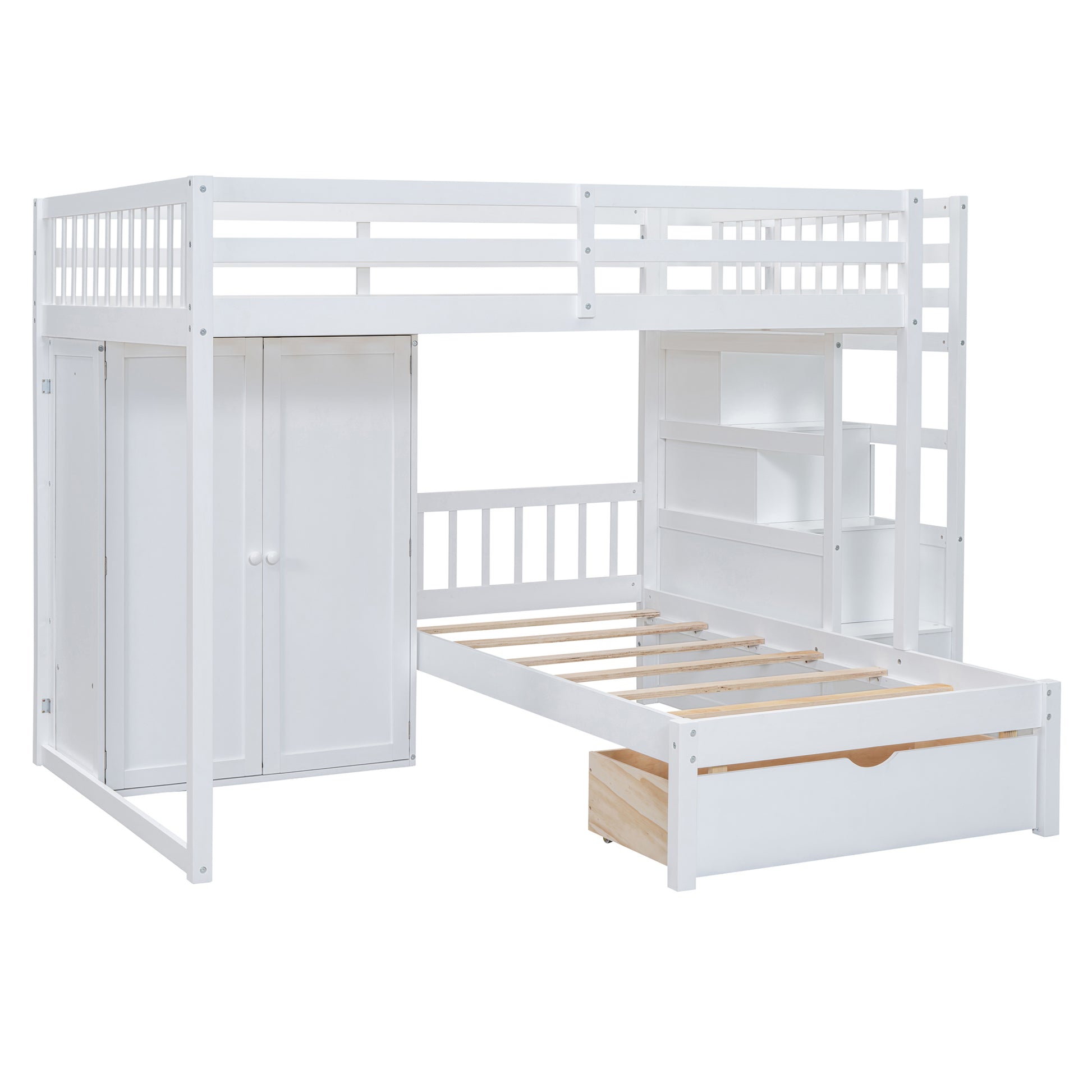 Full Over Twin Bunk Bed With Wardrobe, Drawers, White White Solid Wood