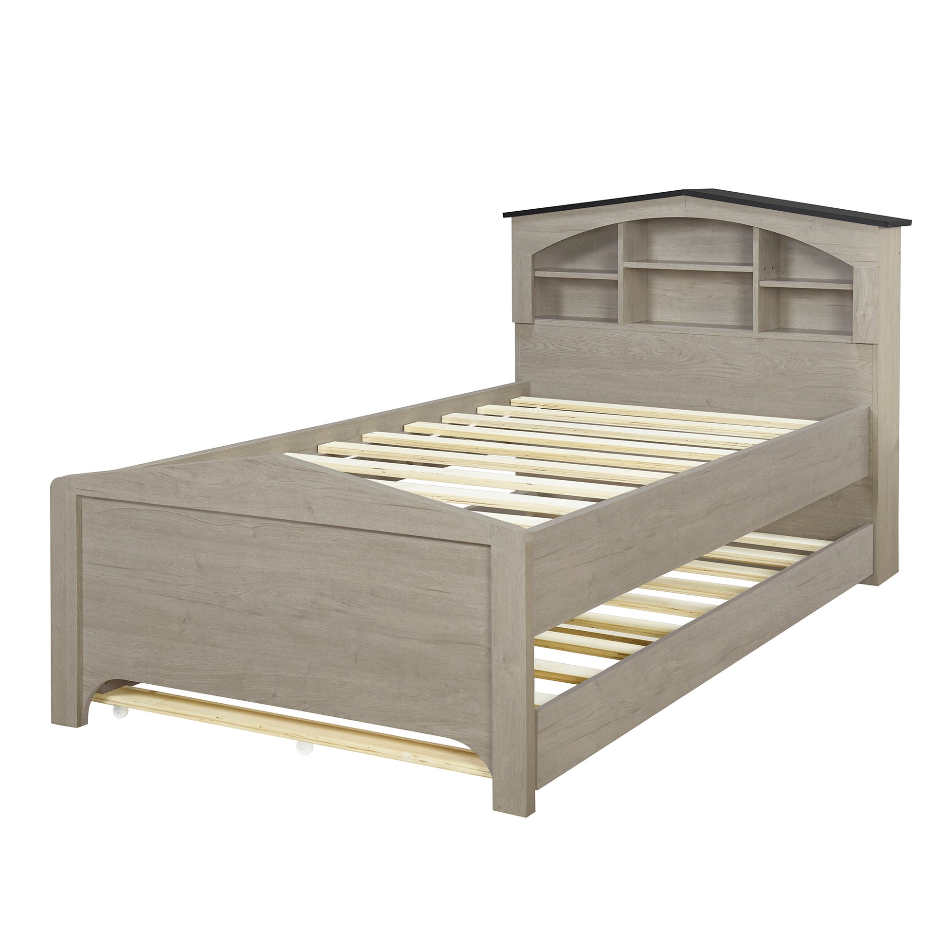 Twin Size Wood Platform Bed With House Shaped Storage Headboard And Trundle, Gray Box Spring Not Required Twin Gray Wood Bedroom Bed Frame Solid Wood Mdf