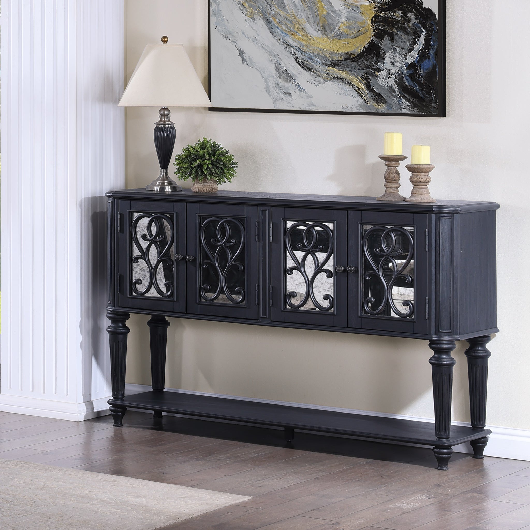 Traditional Formal 1Pc Side Board Dark Brown Finish Beautifully Carved Design Open Shelve Storage Dining Room Wooden Furniture Dark Brown Traditional Wood