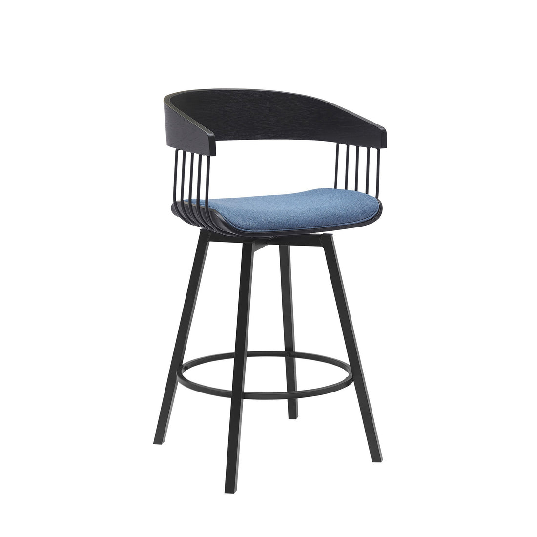 Vera 27 Inch Swivel Counter Stool Chair, Black Open Back, Soft Blue Fabric Black Blue Wood Metal