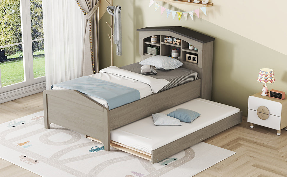 Twin Size Wood Platform Bed With House Shaped Storage Headboard And Trundle, Gray Box Spring Not Required Twin Gray Wood Bedroom Bed Frame Solid Wood Mdf