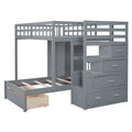 Full Over Twin Bunk Bed With Wardrobe, Drawers, Gray Gray Solid Wood