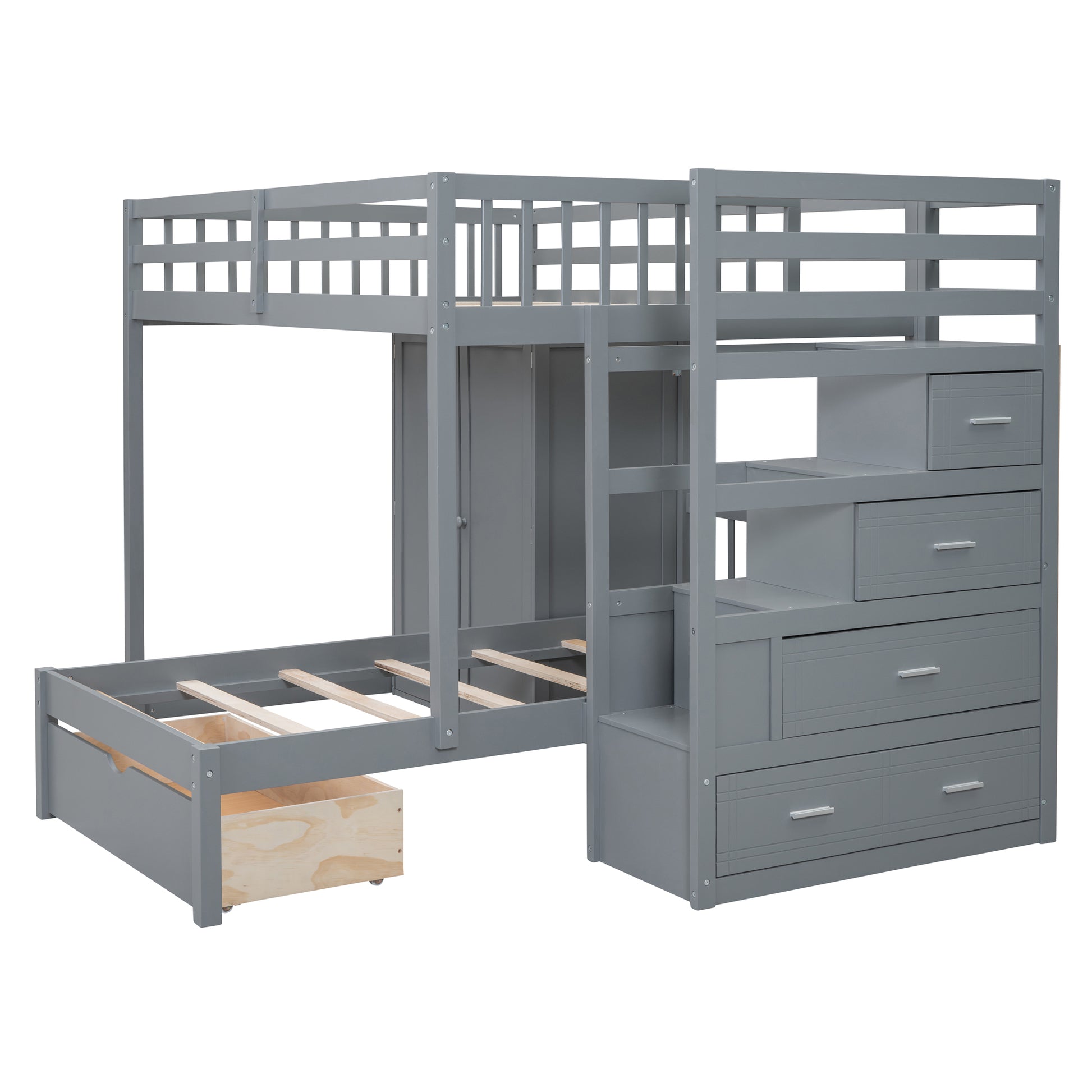 Full Over Twin Bunk Bed With Wardrobe, Drawers, Gray Gray Solid Wood