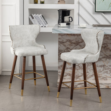 Nevis Mid Century Modern Faux Leather Tufted Trim Counter Stool Set Of 2, Off White White Fabric