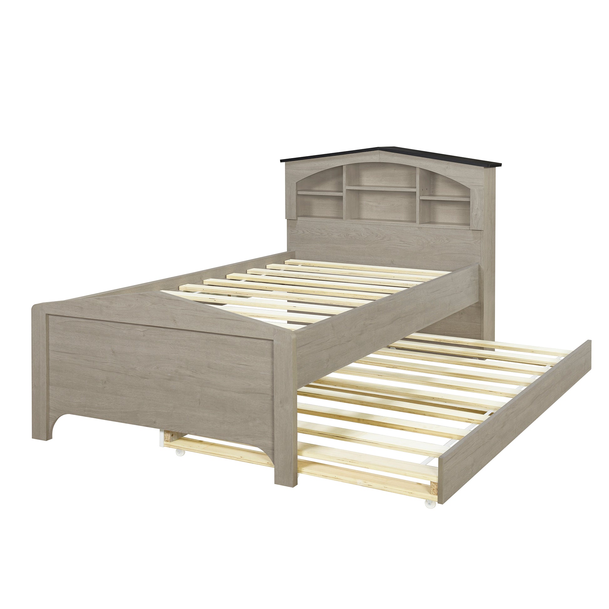 Twin Size Wood Platform Bed With House Shaped Storage Headboard And Trundle, Gray Box Spring Not Required Twin Gray Wood Bedroom Bed Frame Solid Wood Mdf