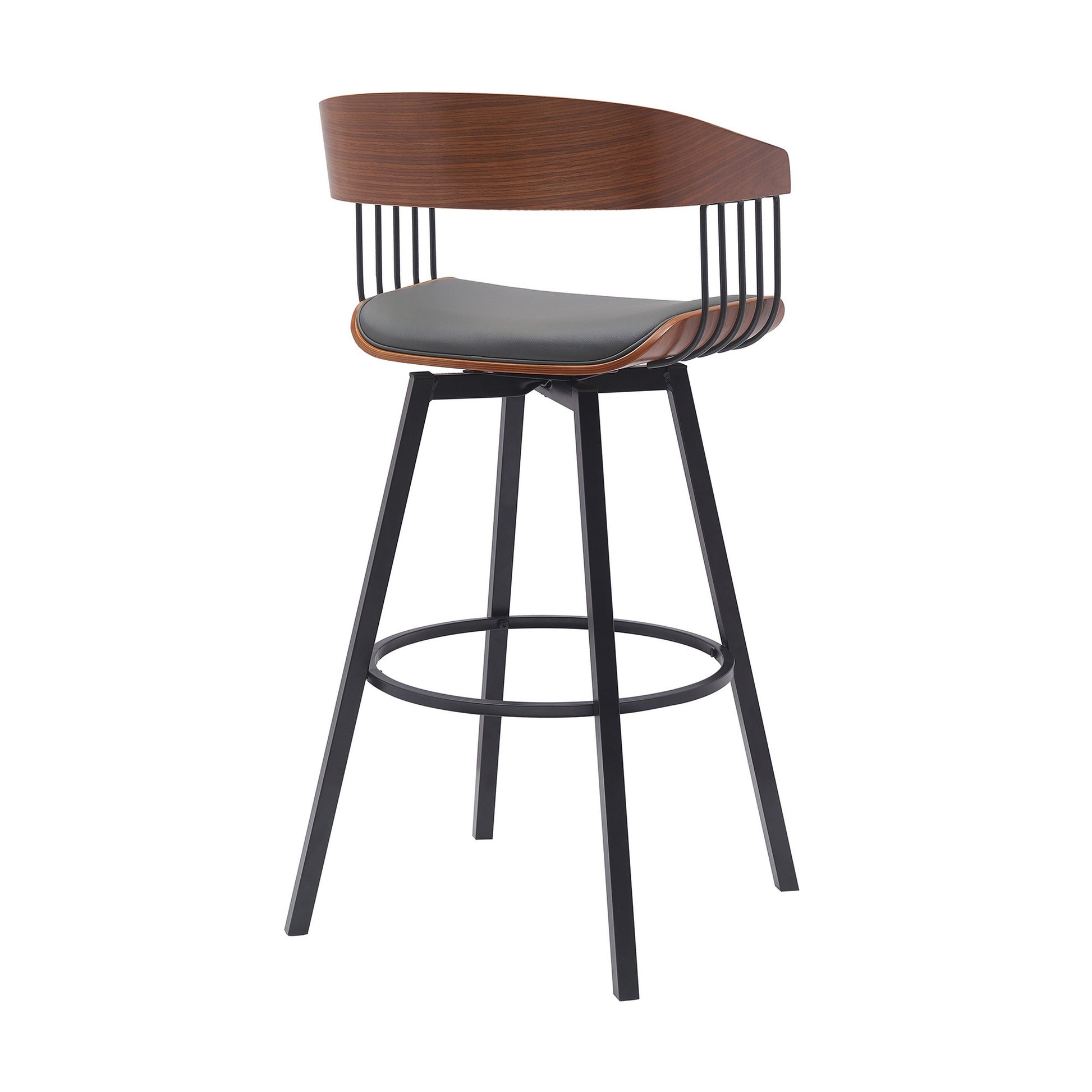 Vera 31 Inch Swivel Barstool Chair, Curved Open Back, Walnut Brown, Gray Black Brown Grey Wood Metal