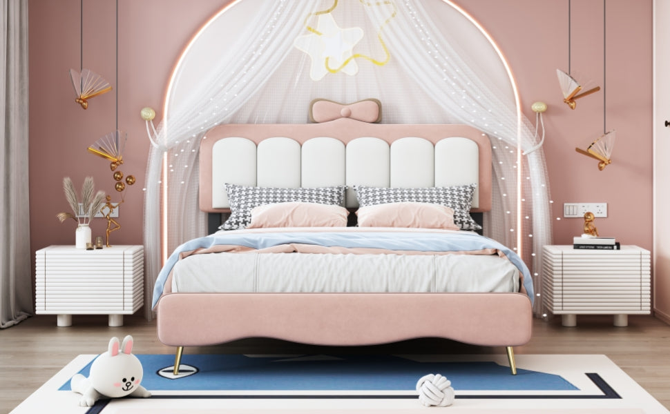 Full Size Velvet Princess Bed With Bow Knot Headboard,Full Size Platform Bed With Headboard And Footboard,White Pink Pink Velvet