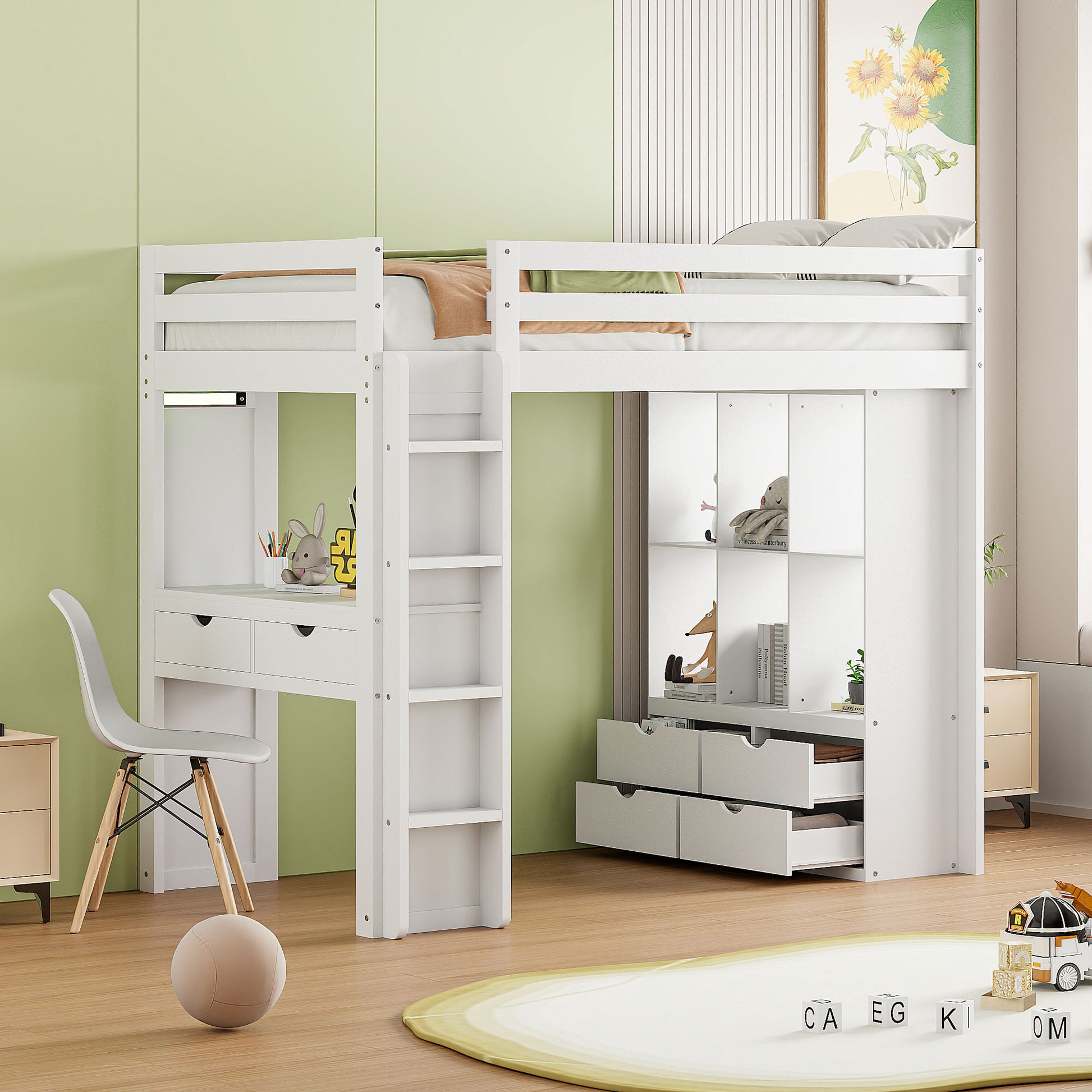 Twin Size Loft Bed With Large Shelves, Writing Desk And Led Light, White White Solid Wood Mdf