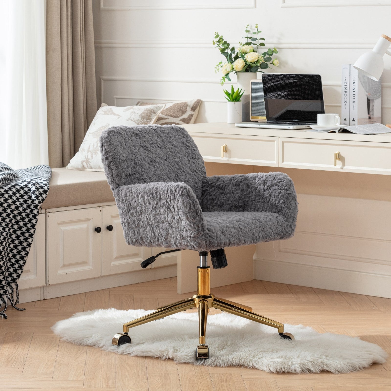 Office Chair,Artificial Rabbit Hair Home Office Chair With Golden Metal Base,Adjustable Desk Chair Swivel Office Chair,Vanity Chair Gray Gray Bedroom Foam Upholstered