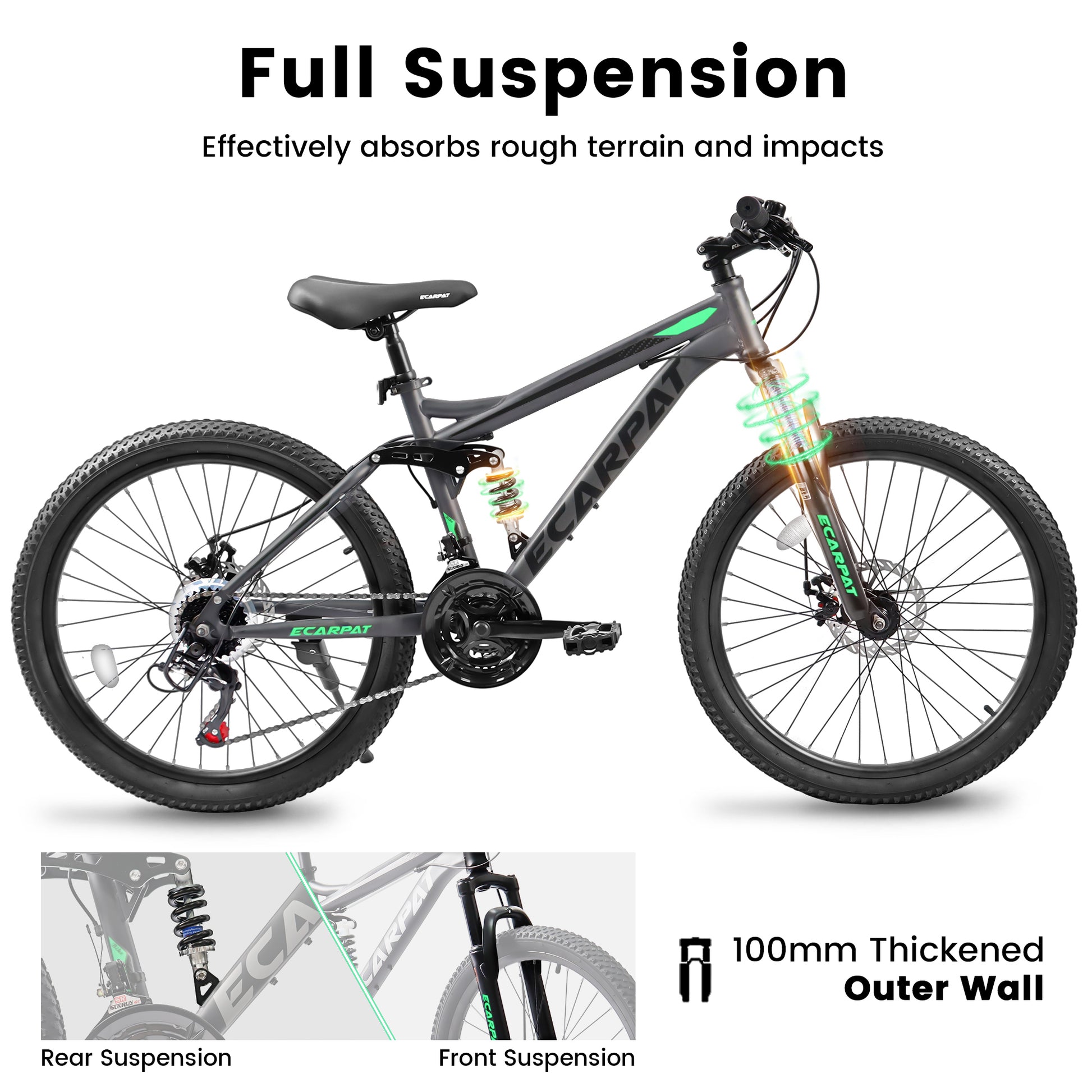 A2660 Ecarpat Mountain Bike 26 Inch Wheels, 21 Speed Full Suspension Mens Womens Trail Commuter City Mountain Bike, Carbon Steel Frame Disc Brakes Thumb Shifter Front Fork Rear Shock Absorber Bicycles Cycling Gray Without Durable Garden & Outdoor Classic