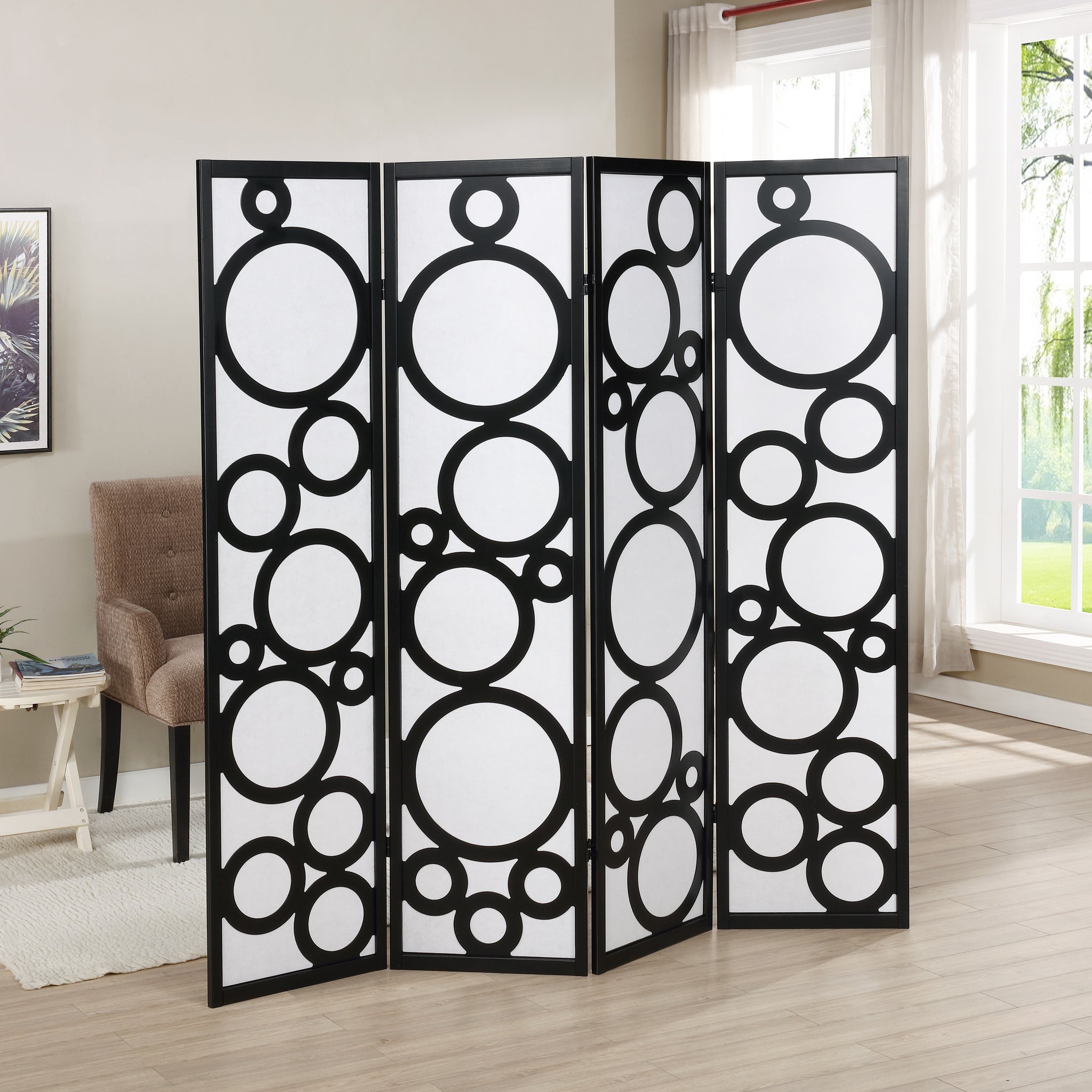 Arvada 4 Panel Wood Room Divider With Circle Pattern, Black Black Wood Paper