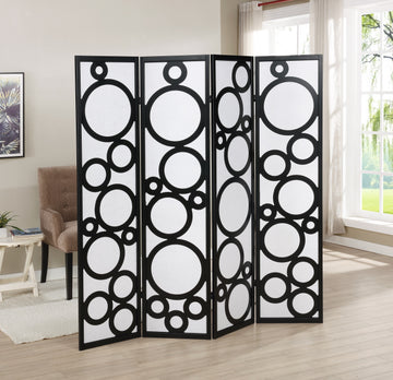 Arvada 4 Panel Wood Room Divider With Circle Pattern, Black Black Wood Paper