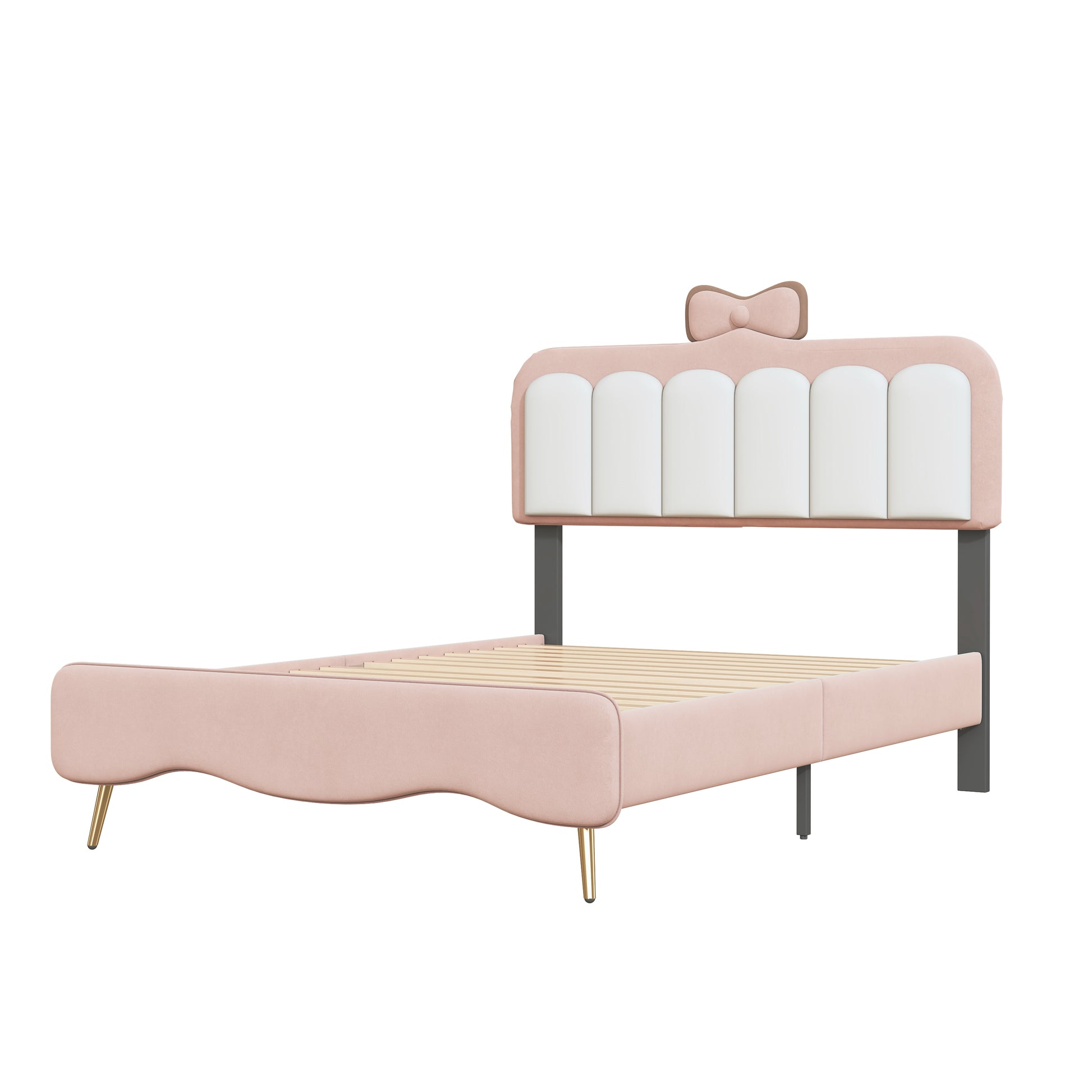 Twin Size Velvet Princess Bed With Bow Knot Headboard,Twin Size Platform Bed With Headboard And Footboard,White Pink Pink Velvet