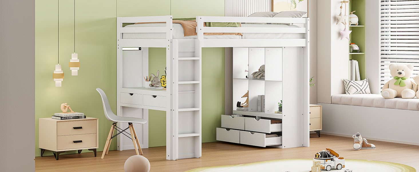 Twin Size Loft Bed With Large Shelves, Writing Desk And Led Light, White White Solid Wood Mdf