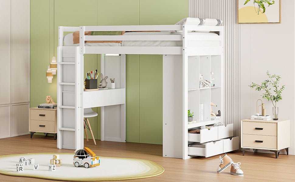 Twin Size Loft Bed With Large Shelves, Writing Desk And Led Light, White White Solid Wood Mdf