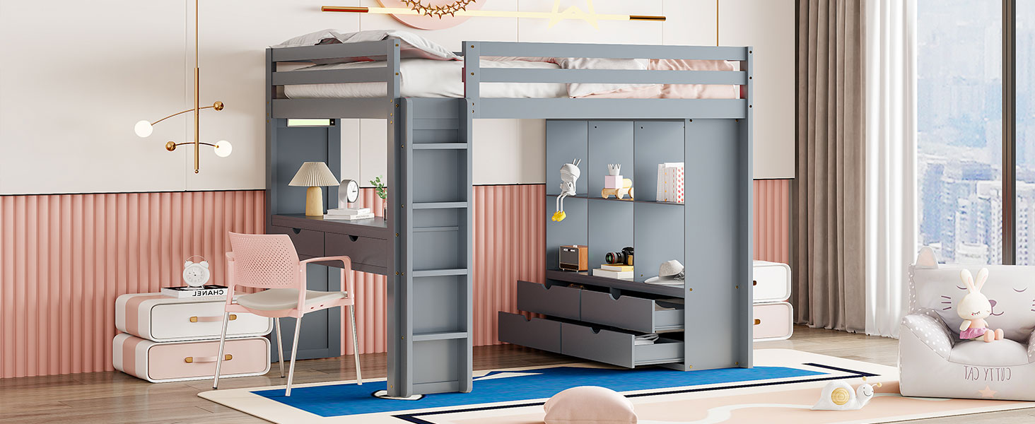 Full Size Loft Bed With Large Shelves, Writing Desk And Led Light, Gray Gray Solid Wood Mdf