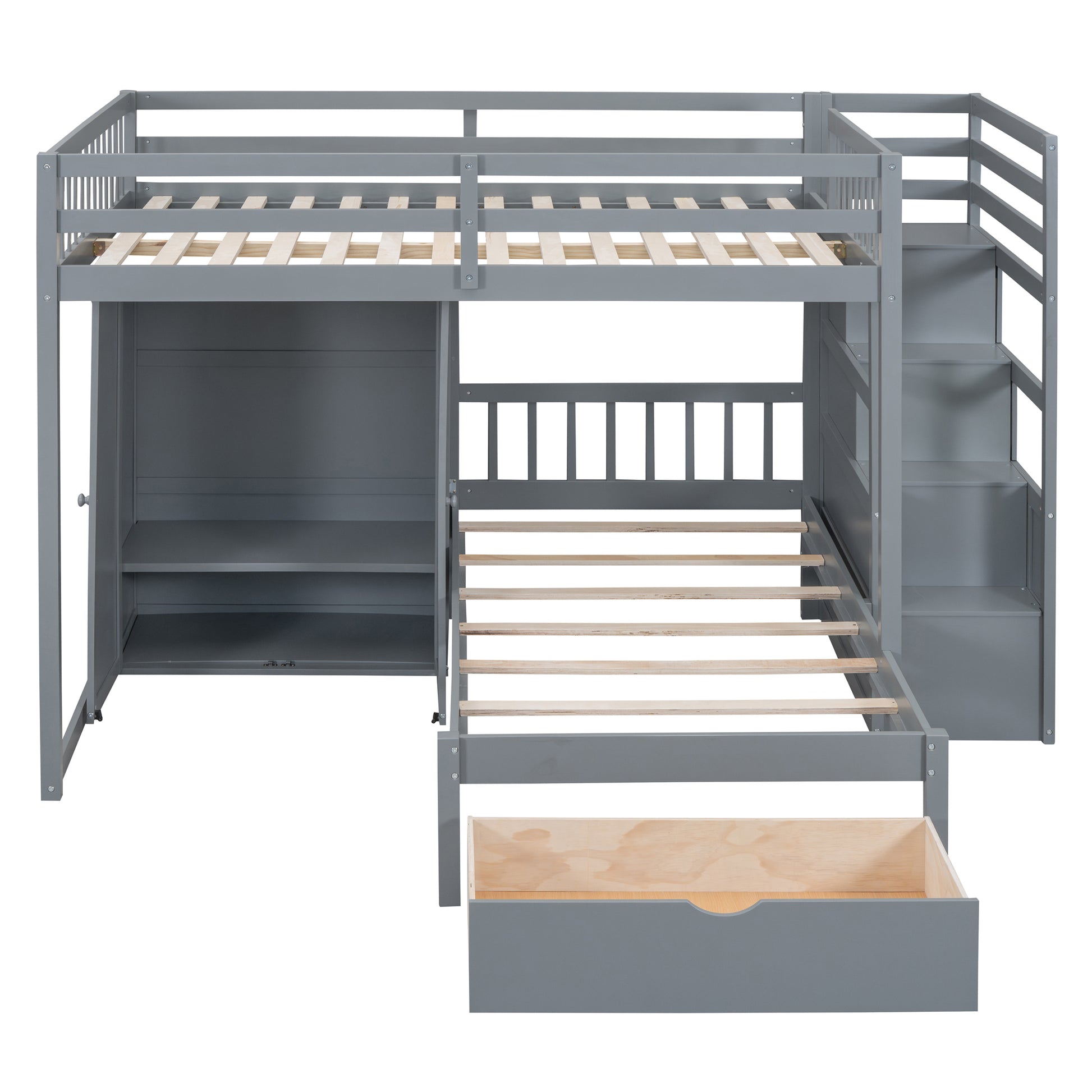 Full Over Twin Bunk Bed With Wardrobe, Drawers, Gray Gray Solid Wood