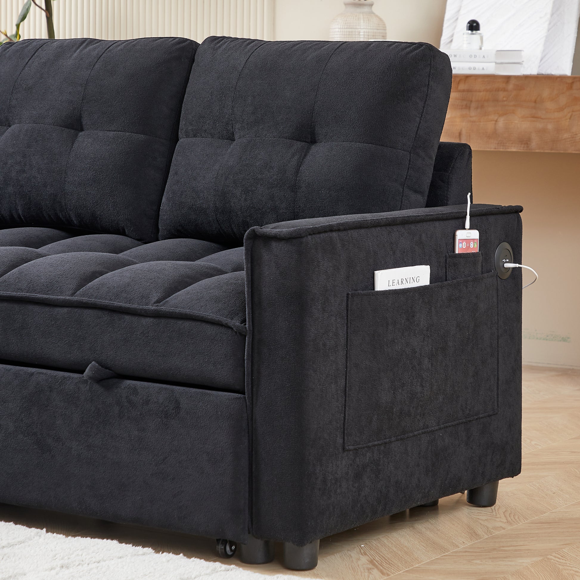 Mh 78.75" Reclining Sofa, Pull Out Sofa Bed With Usb And Tape C Charging Ports, L Shaped Sectional Sofa With Reclining Storage And Arm Side Organizer Pocket Features, Living Room Comfort Sofa Black Chenille Wood Primary Living Space Eucalyptus Foam