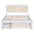 Full Size Elegant Bed Frame With Rattan Headboard And Sockets ,White Full White Rattan